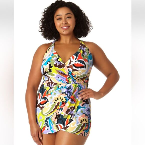 NWT Anne Cole | One Piece Abstract Swim Dress With Skirted Bottom Plus Size 22W - Picture 1 of 7